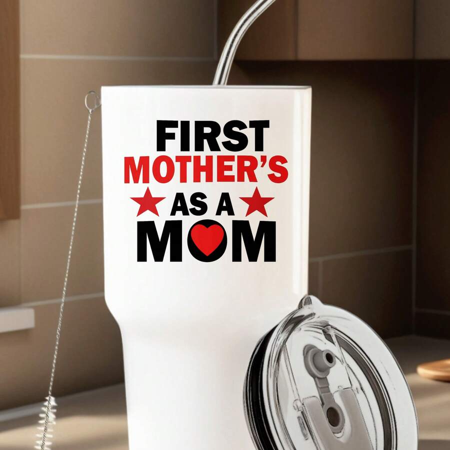 30oz Stainless Steel Tumbler Black White Options,  First Mother's As A Mom Graphic Cups, Insulated Travel Coffee Mug With Lid And Straw , Double Wall Vacuum Reusable Travel Cups, Funny Birthday Party Gift For Women & Men - 白色 - 查看 1