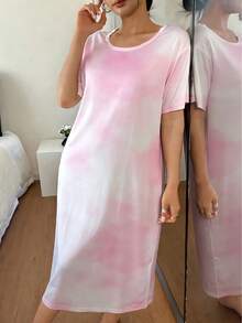 Dreamivo Women's Short Sleeve Long Nightgown, Pink Tie Dye Sleepwear Dress, Loose Fit Long Dress, Soft Comfortable Sleepwear Dress, Gentle Girly Style, Spring/Summer - Pink - View 4