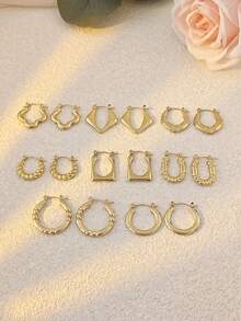 Multiple Pieces Hammered Stainless Steel Earring Set, Fashionable Exaggerated Gold Tone Earring Set, Jewelry For Girls - Multicolor - View 3
