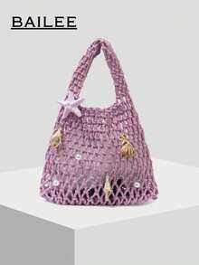 BAILEE Bolso de mano de poliéster de colores de moda con patrón tejido a mano y encanto oceánico, adecuado para vacaciones - Púrpura malva - Ver 12