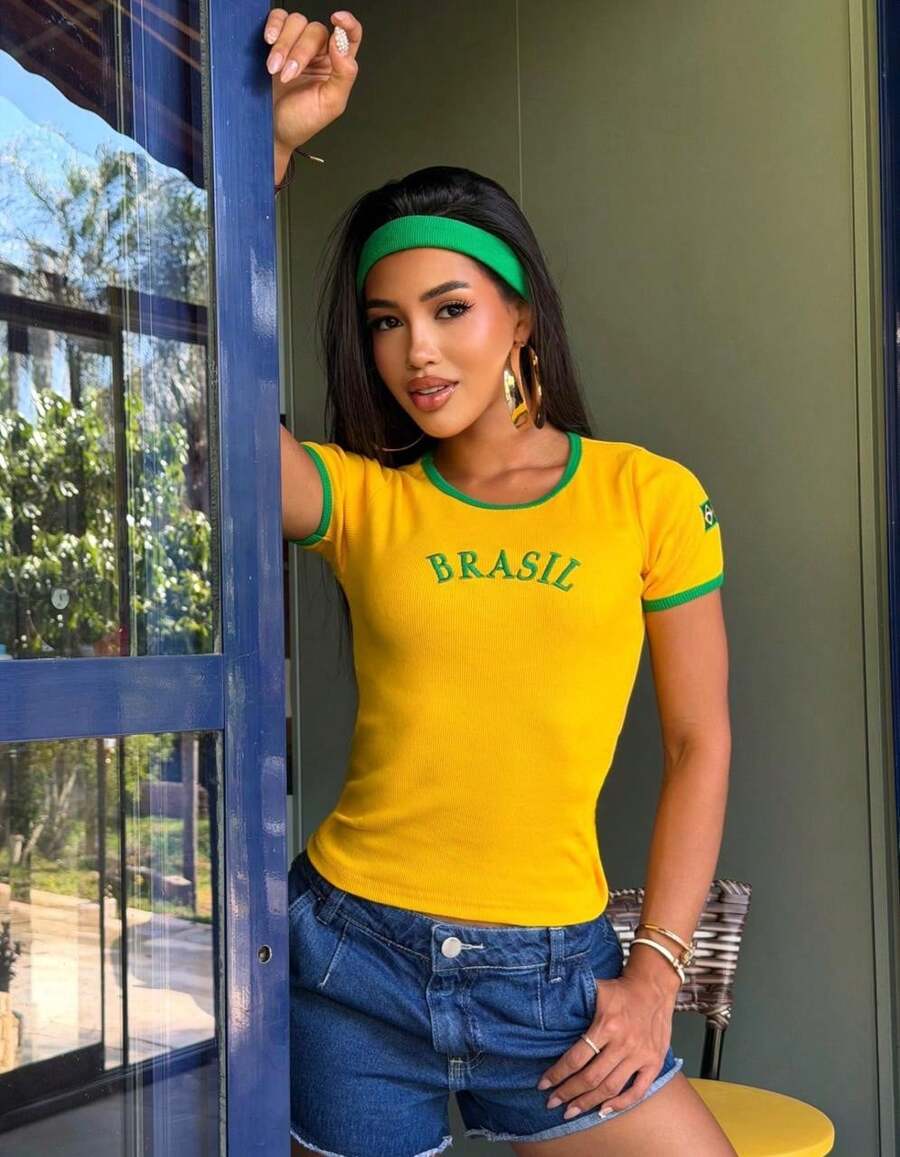 Women's Brazil Cotton Ribbed T-Shirt, Fitted To The Body, Casual, Comfortable, Short Sleeve, World Cup, Beach, Vacation - 黃色 - 查看 1