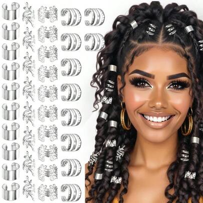 40Pcs Hair Cuffs Braids, Silver Hair Jewelry Braid Accessories Loc Jewelry Clips Metal Dreadlock Braided Charms Decoration Women Girls Non - Piercing Ear Clips