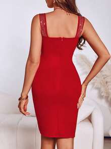 ChicMe Đầm ôm sát không tay cổ chữ V đính đá lấp lánh, kiểu dáng thanh lịch, thích hợp cho các lễ hội, tiệc tùng, mùa hè dành cho nữ. - Đỏ - Xem 2