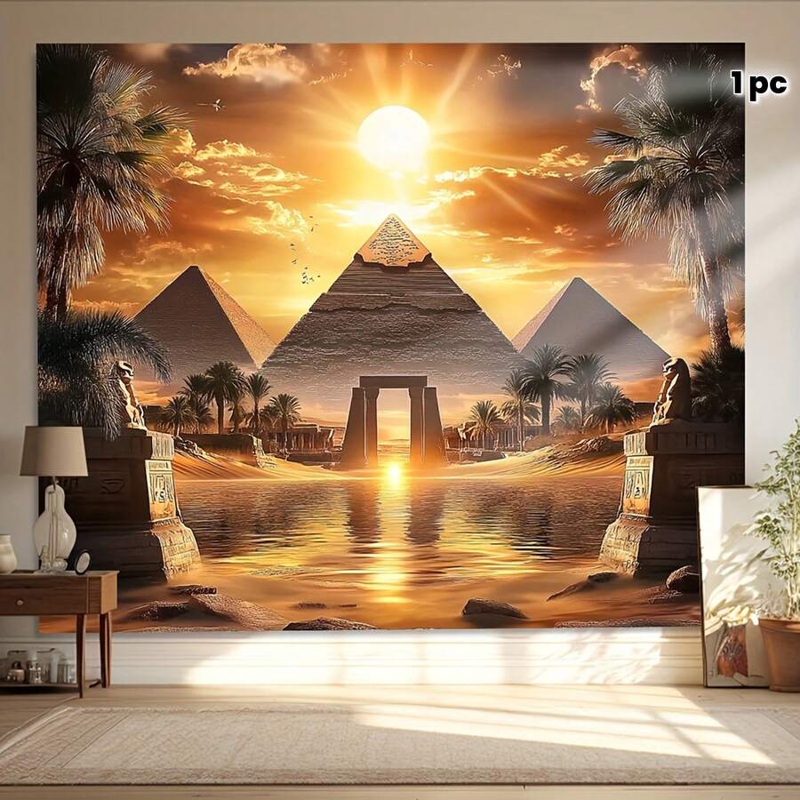 Polyester Egyptian Theme Backdrop, Vibrant Ancient Landscape With Pyramids And Sphinx, Suitable For Photo Booth, Studio Props, Party And Holiday Decor, Indoor And Outdoor - 1 - View 1