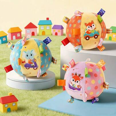 1pc Baby Plush Rattle Ball With Bell - Soft Polyester Material, Mixed Color - Soft Plush Sensory Ball Toy, Suitable For Early Education, With Ribbon Tag, Ideal For Infants And Toddlers, Perfect Birthday Gift
