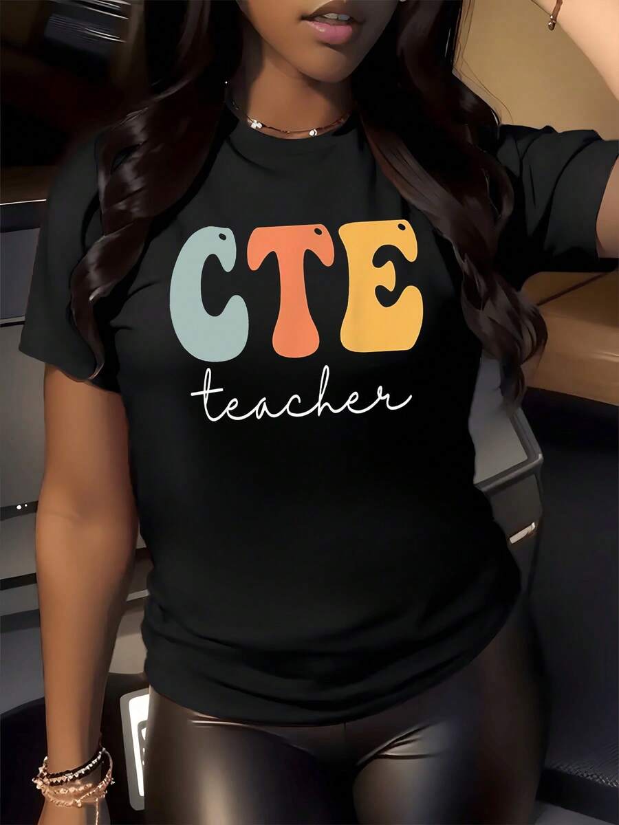 Letras coloridas CTE con mensaje teacher transmiten orgullo educativo y energía positiva para maestras apasionadas camiseta de mujer casual cómoda 220g - Negro - Ver 1