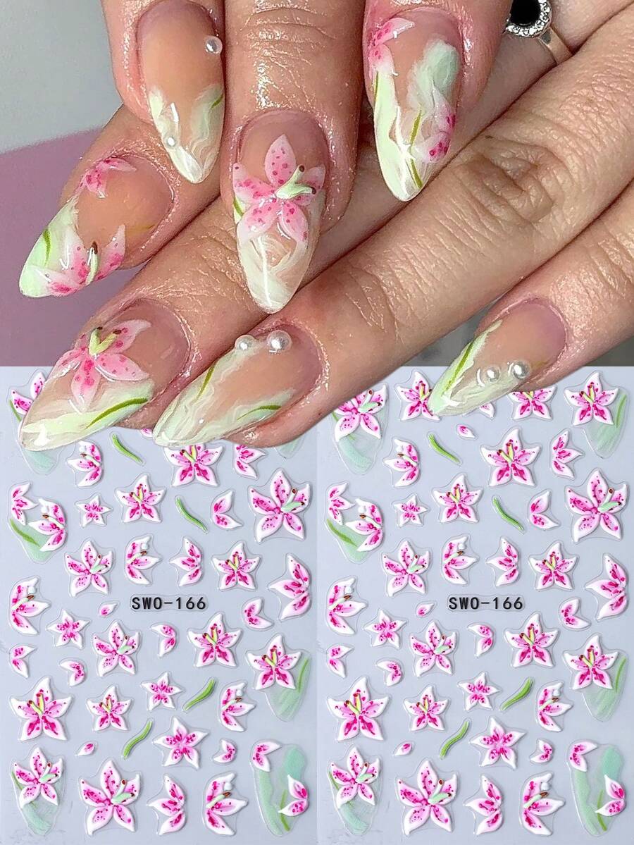 SWEET TREND 5D莲花美甲贴纸,2片/套,白色渐变粉色花瓣和叶子,春夏法式花卉印花设计,DIY浪漫优雅自粘美甲贴花 - 彩色 - 查看 1