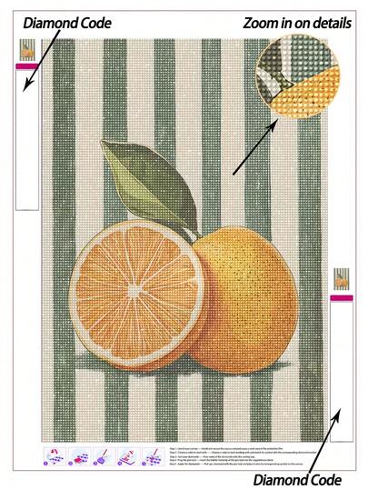 |5D DIY Diamond Painting|Orange Citrus Still Life With Striped Background DIY Diamond Art Kit, Juicy Halved Orange With Detailed Segments, Whole Textured Orange, Deep Green Leaf Accents, And Classic Vertical Green-And-Cream Stripe Backdrop. Handmade Decorative Painting, 5D DIY Embroidery Mosaic Art, Make Your Own Wall Art DIY, Enjoy Hands-On Fun, The Best Gift For Friends