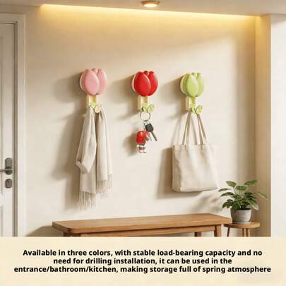 4个坚固承重郁金香吸盘挂钩；简约北欧风格，哑光奶油白+淡黄色花卉设计，加固吸盘密封圈细节，无需钻孔即可立即安装，多功能毛巾架粘钩，非常适合用于浴室毛巾收纳、厨房用具悬挂、节日家居装饰或乔迁新居礼物。