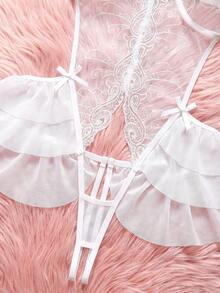 Đồ lót gợi cảm: Bộ jumpsuit ren và lưới trắng phối ren thêu họa tiết hở vai quyến rũ. - trắng - Xem 4