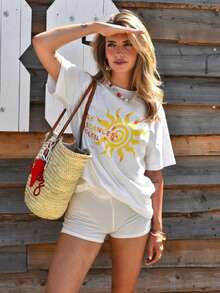 Women's Loose White T-Shirt With "Sunny Vacation" French Retro Summer Pattern - Suitable For Beach Vacation, Pool Party And Music Festival Wear - Soft Fabric, Oversized Fit - White - View 5