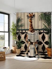 1/4件套蹲伏长颈鹿卡通印花防水浴帘套装，包含12个挂钩、防滑垫、U型垫和圆形马桶盖套，加厚涤纶材质，解决浴室积水问题 - A - 查看 9