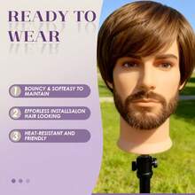 Brown Short Bob Wig With Bangs For Men | Brown Layered Straight Synthetic Hair, Dark Roots, Chin Length, Suitable For Daily Gatherings (8 Inches) - Multicolor - View 3