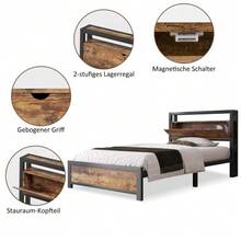 Metal Bed, Junior Bed, Single Bed 90 X 200 Cm With Storage Headboard And Metal Slatted Base, Children's Bed, Metal Bed Frame, Bed Frame For Adults, Children, Teenagers, Black Industrial Bed - Camel - View 5