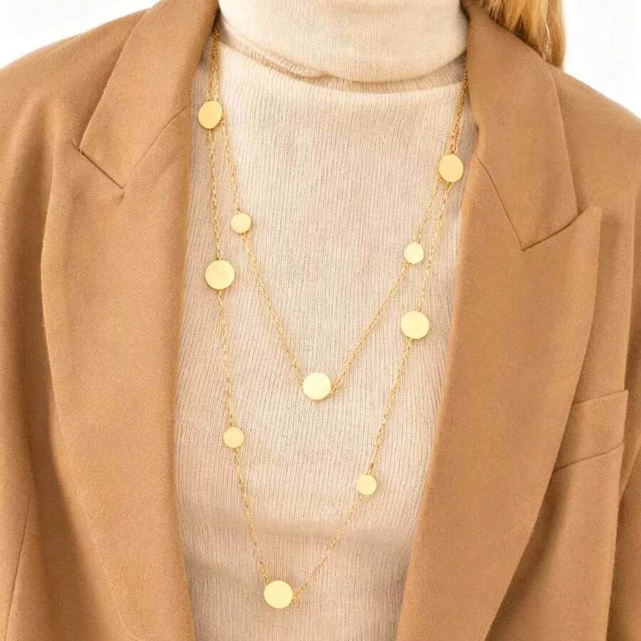 1件装 时尚多款式不锈钢长款串珠水滴心形仿珍珠不对称毛衣链项链 - 金色 - 查看 1