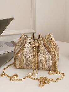 2026春夏新款麦秆编织卡其色斜挎包，金属链条水桶包，适合海滩度假、节日派对，女士节日礼物 - 彩色 - 查看 8