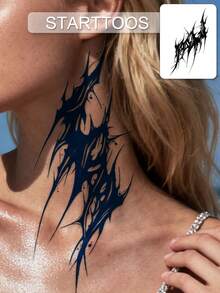 1张抽象哥特美学草本汁半永久魔法纹身贴纸，炫酷闪亮临时纹身，节日派对礼物，7-14天防水，肩部/锁骨/腹部假纹身贴纸 - 藍色 - 查看 1