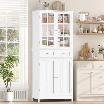 Kitchen Pantry Cupboard, 180 Cm Tall Storage Cabinet With Countertop, 4-Door Larder Cupboard With 2 Drawers, Kitchen Storage Units, White