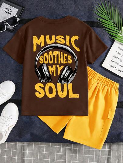 Teenage Boys' Music Style Headphones & Letter Print Round Neck Short Sleeve T-Shirt + Casual Cargo Pants Summer Outfit Set
