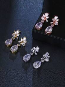 1pair Women Water Drop Shaped Rhinestone Decor Luxury Bridal Earrings For Wedding Royal. Valentine's Day Accessories - Silver - View 3