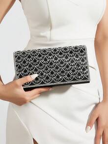 Wedding Guest Black Rhinestone Clutch, Fan Pattern Evening Purse - Black - View 8