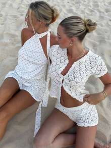 Women's White Hollow-Out Knit Top And Shorts Set - White - View 4