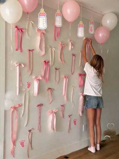 40件粉色蝴蝶结墙饰，DIY蝴蝶结拍照背景，丝带蝴蝶结花环，婴儿派对悬挂装饰，新生儿派对墙饰，生日装饰，婴儿派对装饰，性别揭晓派对装饰，一周岁生日派对背景装饰，婴儿卧室装饰，生日礼物，粉色蝴蝶结主题派对装饰，派对小礼物（附赠胶水和别针）