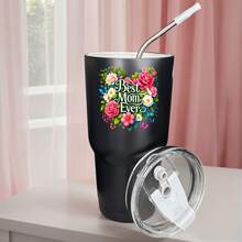 30oz Stainless Steel Tumbler Black White Options,  Best Mom Ever Floral Design Graphic Cups, Insulated Travel Coffee Mug With Lid And Straw , Double Wall Vacuum Reusable Travel Cups, Funny Birthday Party Gift For Women & Men - 黑色 - 查看 1