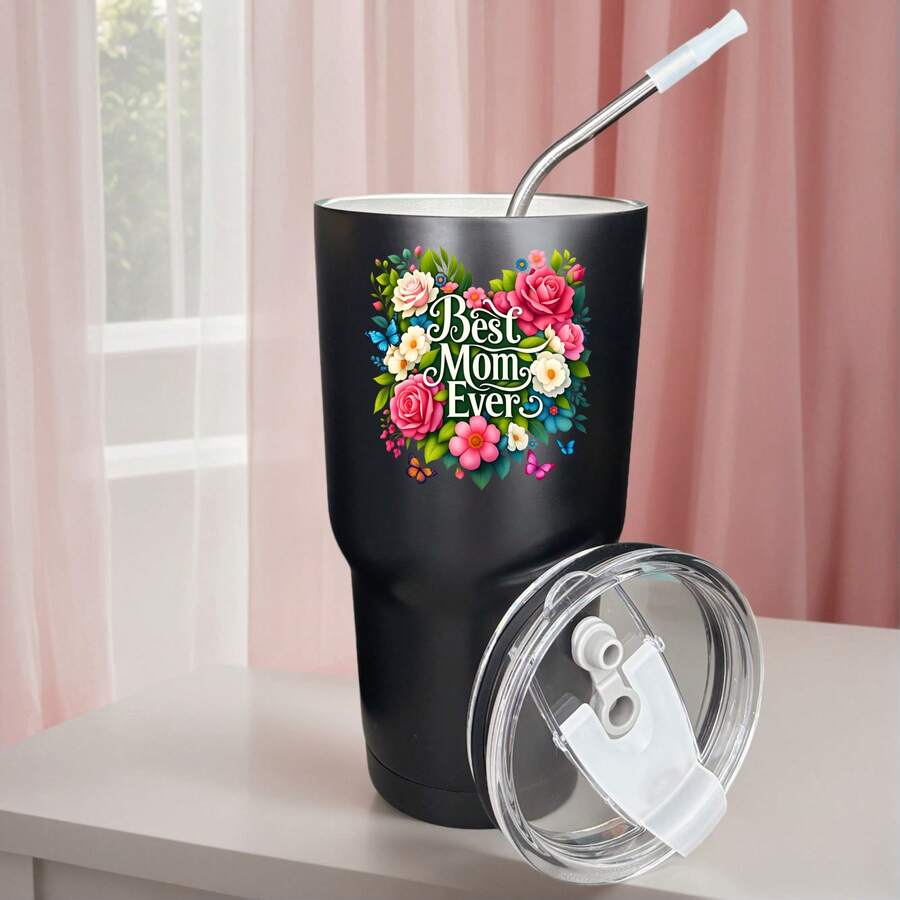 30oz Stainless Steel Tumbler Black White Options, Best Mom Ever Floral Design Graphic Cups, Insulated Travel Coffee Mug With Lid And Straw , Double Wall Vacuum Reusable Travel Cups, Funny Birthday Party Gift For Women & Men - 黑色 - 查看 1