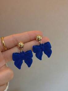 1对时尚独特的蓝色植绒蝴蝶结耳环，适合女性日常、节日和派对佩戴 - 蝴蝶結 - 查看 5