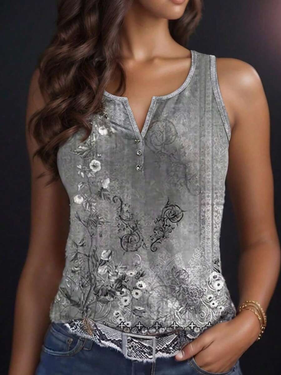 ChicMe Women's V-Neck Printed Loose Comfortable Casual Camisole - Grey - View 1
