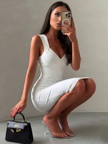 Summer Fashionable Sexy Elegant V-Neck Bodycon Slip Dress, Ribbed Knee-Length Bandage Dress, White, Suitable For Night Out, Formal Dinner, Cocktail Party, Women Dress Wedding Spring - White - View 5