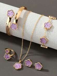 6pcs/Set Necklace, Bracelet, Earrings, Ring, Lucky Flower Necklace, Gold Earrings, Gold Ring, Gold Necklace, Gold Bracelet, Gold Bangle, Girl Jewelry Set, Suitable For Back To School, Party, Holiday - 粉色 - 查看 7
