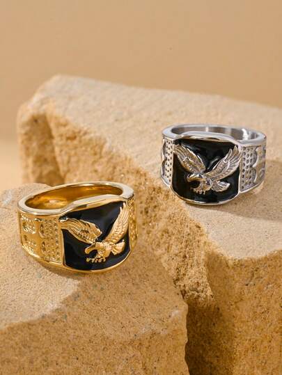 خاتم ختم النسر من الفولاذ المقاوم للصدأ للرجال، ثنائي اللون مع طلاء أسود، مثالي للشارع وأسلوب الدراجات النارية