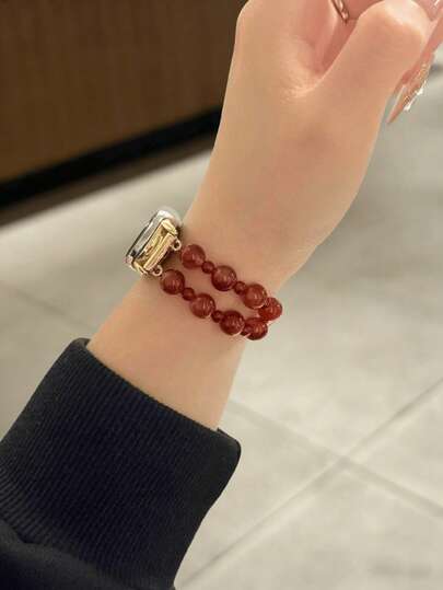 1 Piece Of Women's Summer Vacation Style, Red Agate Bead Elastic Strap, Compatible With Xiaomi Band 8 Pro/9 Pro, For Mi Band 3/4/5/6/7, 8/8 NFC/9/9 NFC/10/10 NFC, For Watch4/Watch5
