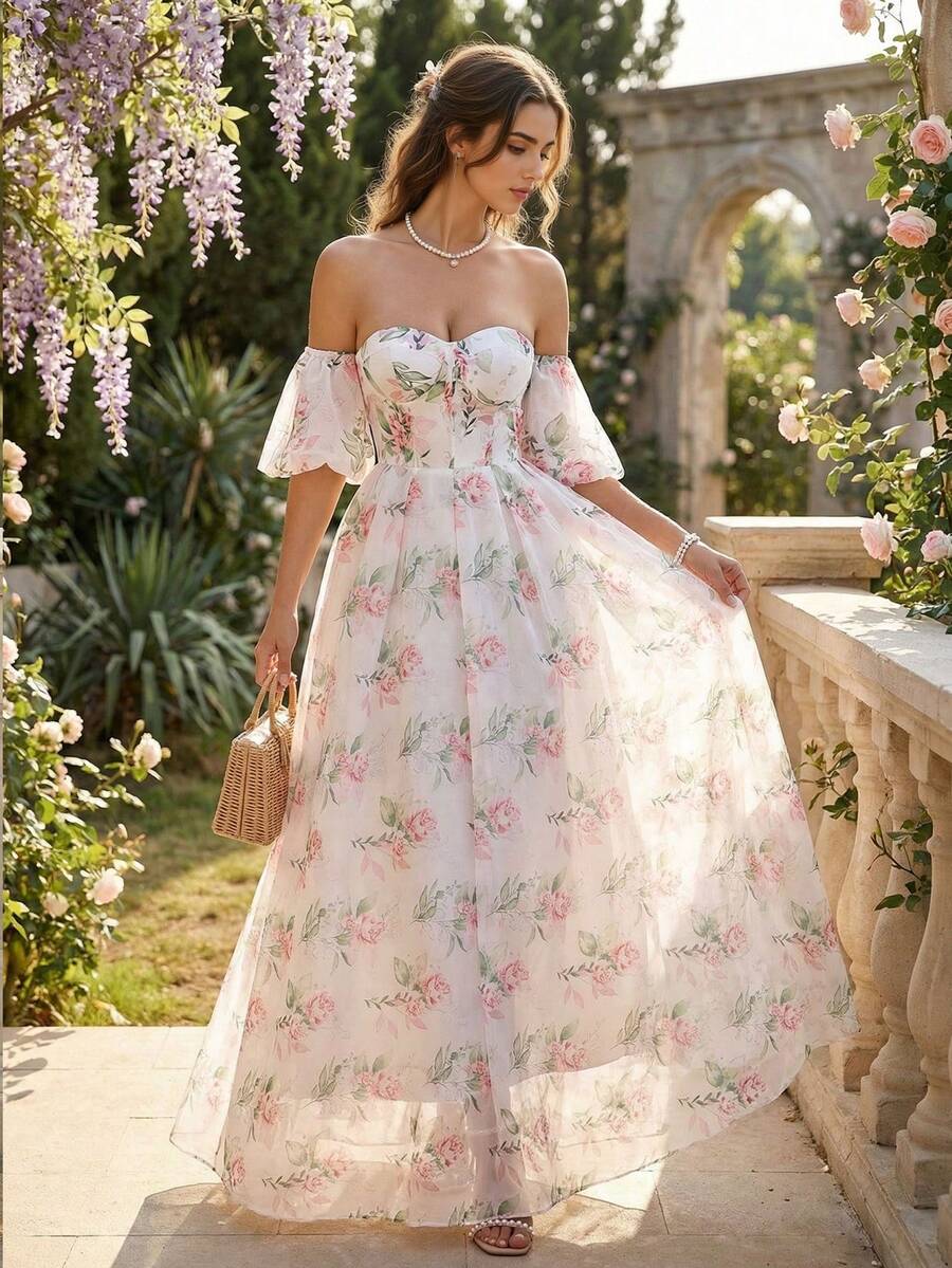 Elegant Off-Shoulder Floral Bridesmaid Dress, Petal Sleeves, Long Party Dress, Open Back Zipper, Woven Fabric Maxi Dress - White - View 1