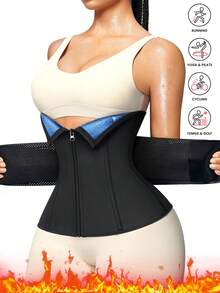 Entrenador de cintura para mujer, cinturón moldeador de cintura, unicolor, doble capa transpirable con cremallera ajustable, entrenador de cintura para sauna, ropa interior moldeadora para pérdida de peso, moldeado y soporte para ejercicio, adecuado para gimnasio, yoga, sauna - Azul - Ver 1
