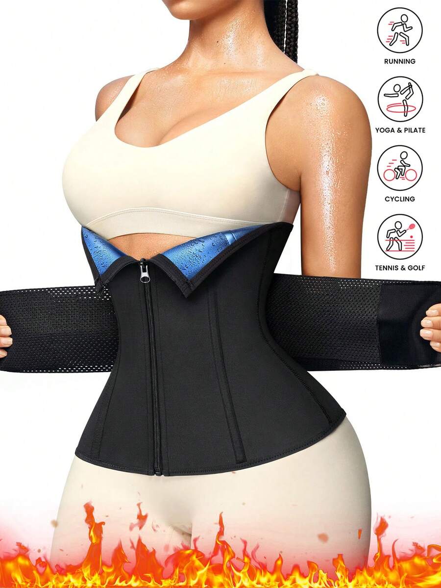 Entrenador de cintura para mujer, cinturón moldeador de cintura, unicolor, doble capa transpirable con cremallera ajustable, entrenador de cintura para sauna, ropa interior moldeadora para pérdida de peso, moldeado y soporte para ejercicio, adecuado para gimnasio, yoga, sauna - Azul - Ver 1