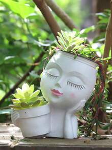 Jardinieră 2 în 1 cu cap de rășină, jardinieră drăguță pentru femei, potrivită pentru plante de interior și exterior, ghiveci unic pentru cactus suculent, cadou excelent de grădinărit pentru femei și mame - Multicolor - Vizualizare 2