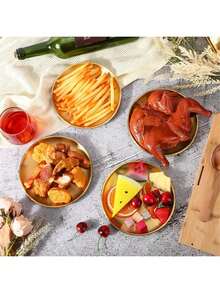 2个金色不锈钢烤盘，可重复使用且易于清洁（可用洗碗机清洗），6.6英寸圆形水果零食盘、自助餐盘、烧烤盘、披萨盘、沙拉盘、意面盘、甜点盘、坚果盘、糖果盘、水果拼盘、露营盘 - 金色 - 查看 3