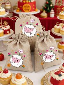5/10pcs Eid Al-Adha Gift Bags, Linen Drawstring Bags With Sheep Decor, Suitable For Eid Al-Adha Party Gifts - Little Sheep - View 3