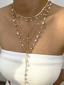 5pcs Y-Shaped Necklace Set, Fashionable Minimalist Elegant Vintage Design With Faux Pearl, Crystal Cross, Geometric Pendant, Metal Tassel, Suitable For Holiday, Party, Daily Wear - Golden Yellow - View 5