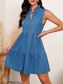 Women's Non-Stretch Sleeveless Ruffle Hem Denim Dress Casual A-Line Dress - Light Wash - View 3