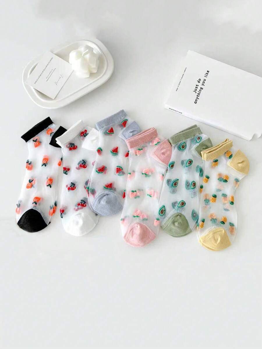 6双装女士夏季新款水果图案玻璃丝袜，水果压花系列 - 彩色 - 查看 1