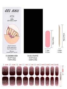 1pc Wine Red Shiny Gel Nail Stickers, 20pcs Self-Adhesive Gel Nail Decals, Cured Under Lamp - Burgundy - View 4