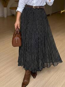 Women's Elegant Elastic Waist Black & White Polka Dot Pleated A-Line Skirt, Minimalist & Fashionable For Daily Commute Spring - Black - View 5