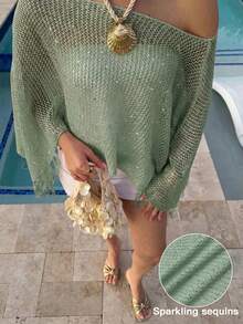 Vestido de playa casual con hombros descubiertos, con flecos y lentejuelas, para vacaciones y verano - Verde - Ver 6