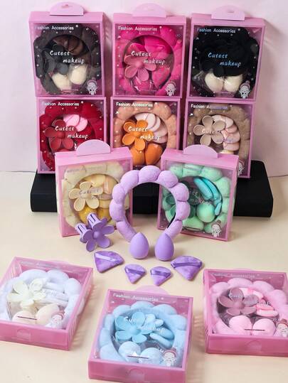 8 件套女士云朵海绵 SPA 发箍大花朵发爪夹面部化妆海绵柔软天鹅绒三角粉扑和化妆海绵，配有精美礼盒，发饰套装，适合派对礼物和日常使用