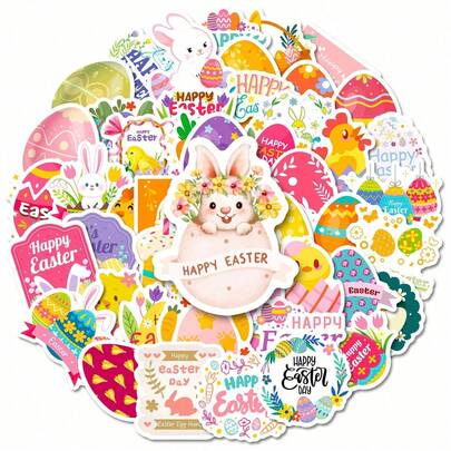 50 张复活节快乐贴纸 – 色彩鲜艳的乙烯基贴纸，适用于笔记本电脑、水瓶和日记本 | 包含各种兔子、小鸡和复活节彩蛋图案，适合青少年和节日爱好者 | 防水贴纸，可用于 DIY 手工艺品和复活节装饰