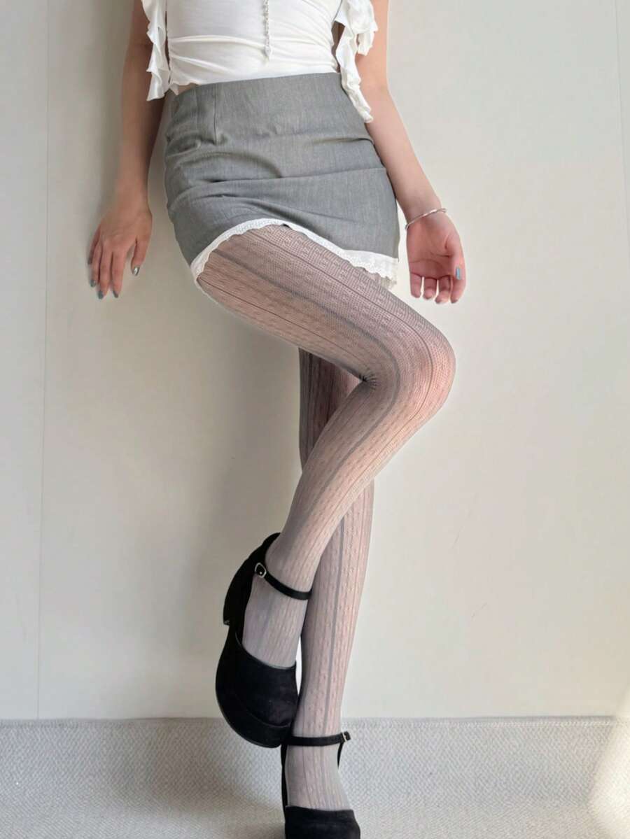 1 Pair Vertical Striped Fishnet Stockings, Retro Striped Pantyhose - Grey - View 1